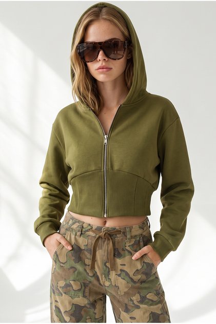 Women's Oil Green Corsage Detailed Zippered Shaded Crop Sweatshirt Swt-19000815