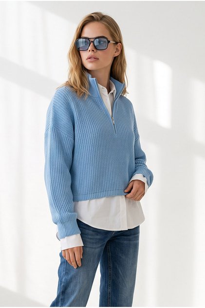 Women's Blue Stand Collar Zippered Crop Knitwear Sweater Kzk-19001195