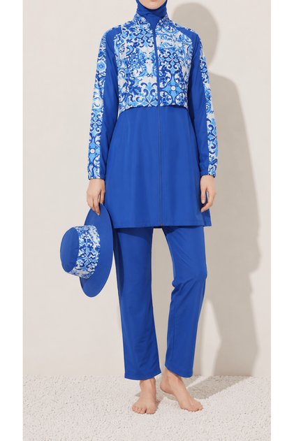Tile Pattern Crop Hat Hijab Swimsuit - Blue