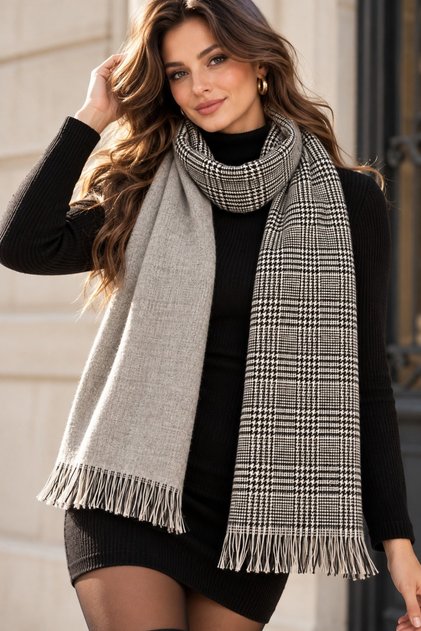 Tokyo | Women's Reversible Winter Shawl 70x180 cm | Gray, Black, and White Houndstooth Pattern Oversized Tasseled Shoulder Shawl