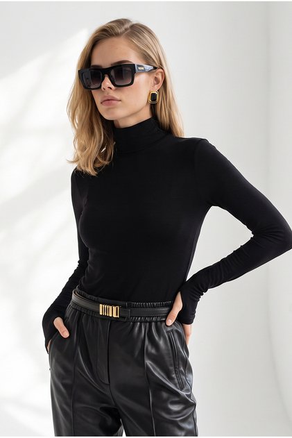 Women's Black Turtleneck Viscose Blouse with Finger Detail Blz-19003484