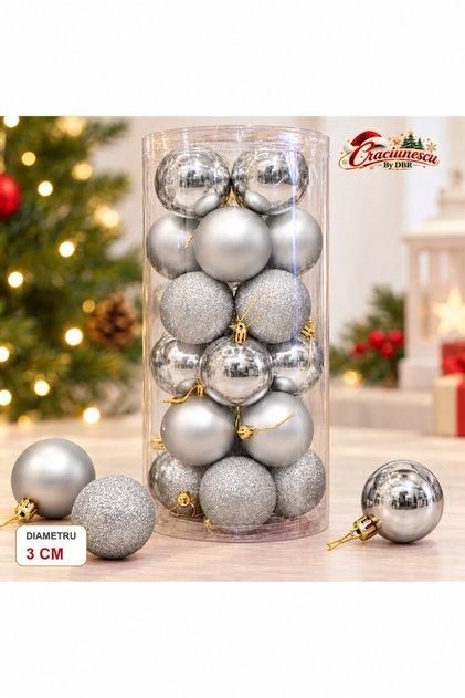 Globuri de Craciun 3 cm, Set 24 Bucati, Finisaje Mixte