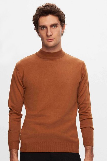 Ds Damat Regular Fit Camel Cotton Blend Half Fisherman Knit Sweater