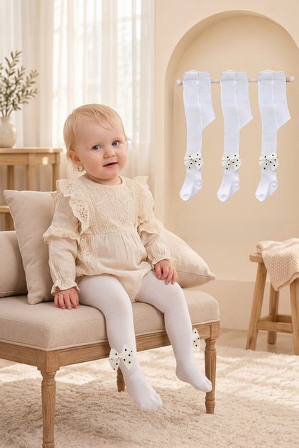 Baby Girl 3-Piece Premium White Pantyhose Set with Ribbon Detail