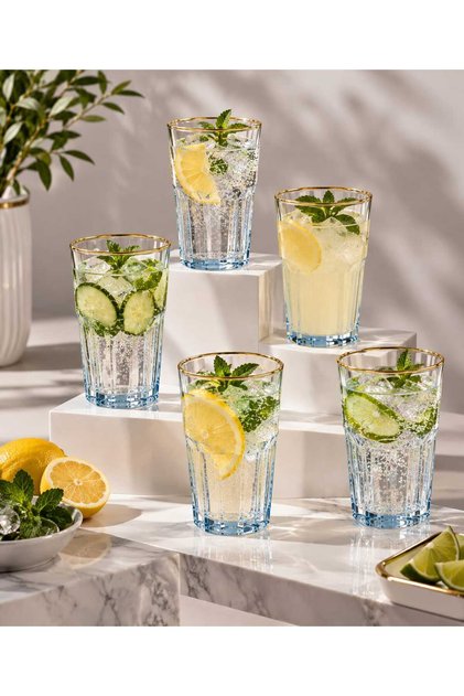 Pokal 6'lı Mavi Meşrubat Bardağı Yaldızlı 350 ml
