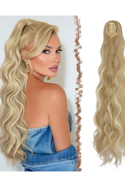 Extensie de păr, 76 cm, Ondulat, Prindere cu șnur, Cu clipsuri, Păr sintetic, Șuvițe, Blond mediu