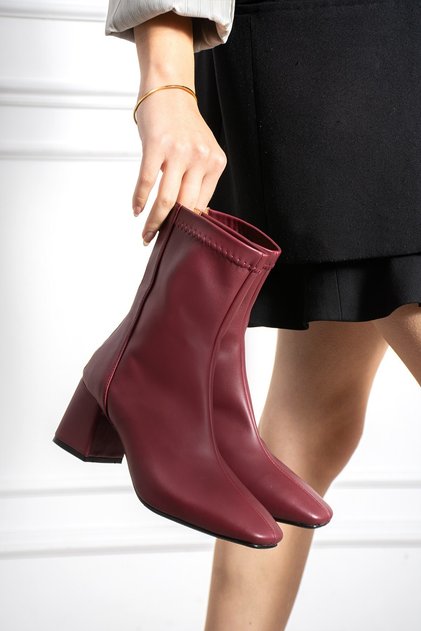 Lara Women's Burgundy Leather Stretch Blunt Toe Zippered 6 cm Thick Heeled Boots Bootie
