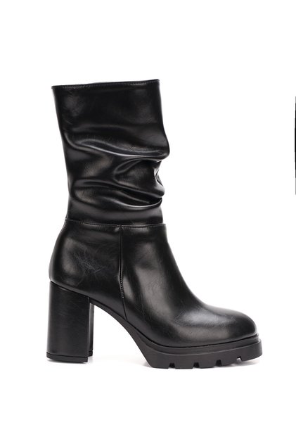Black Leather Drawstring Thick Block Heeled Platform Tractor Sole Women's Ankle Boots / Boots