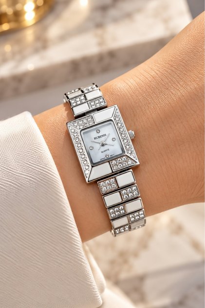 Swiss Women's Wristwatch 22X18 mm with Crystal Stones Steel Case and Bracelet White Detailed