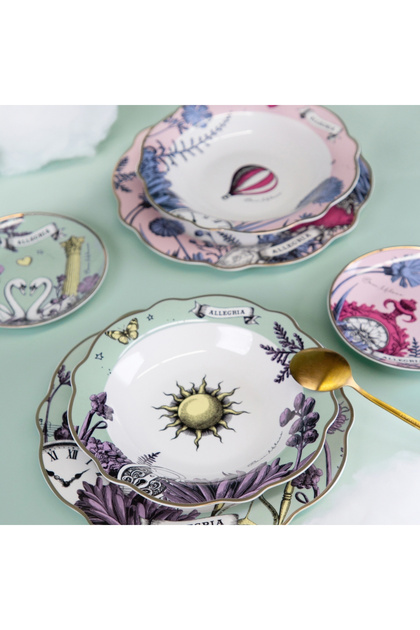 Allegria Pembe ve Yeşil Karışık Desenli 6 Parça Mix Porselen Çukur Tabağı 22 cm