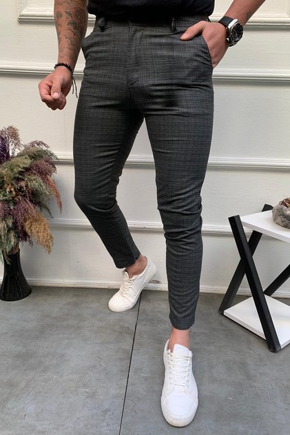 Men's Anthracite Thin Checkered Fabric Trousers Slim Fit Narrow Leg Ankle Length