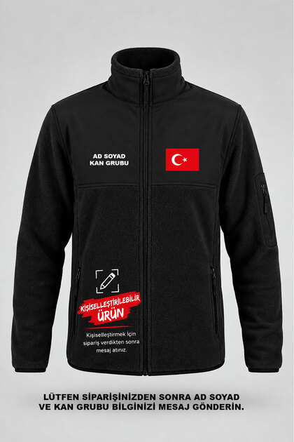 Erkek Türk Bayrağı ve Ad Soyad Kan Grubu Baskılı Tam Fermuar Dik Yaka Garnili Kişiselleştirilebilir Softshell Polar Ceket