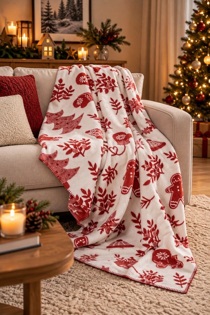 New Year's Patterned Single Cotton Tv Blanket 150X200 cm - Soft Textured Sofa Throw
