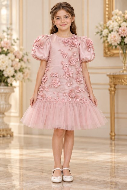 Girls' Pink Embossed Floral Dress with Puffy Sleeves and Tulle Ruffles for Special Occasions