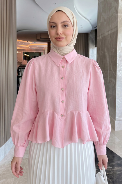 Flywheel Detailed Balloon Sleeve Shirt Y00095 - Pink