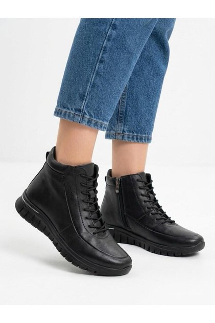 Women's black genuine leather orthopedic non-slip sole warm daily boots
