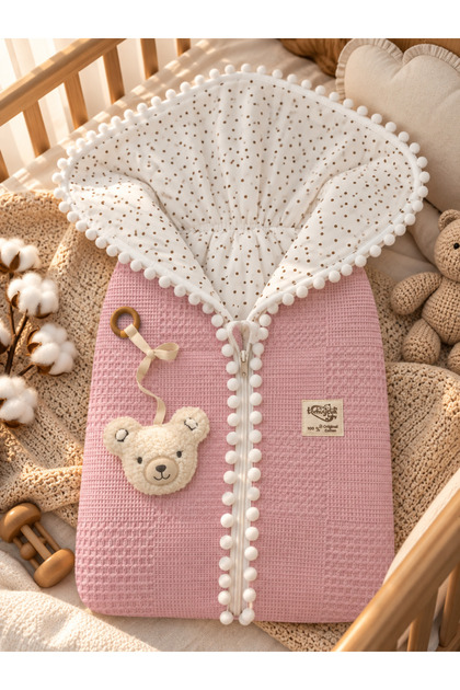 Baby Swaddle Set with Zipper, Pompom, Fiber Filling, Pique Swaddle, Toy, Pacifier Holder, Cotton Baby Swaddle