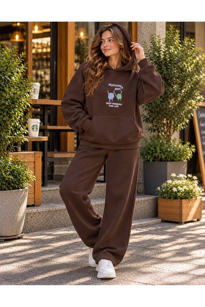 Women's Mommy and Son Printed Hooded Tracksuit Set - Sweatshirt with Kangaroo Pocket and Straight-Leg Bottom Set