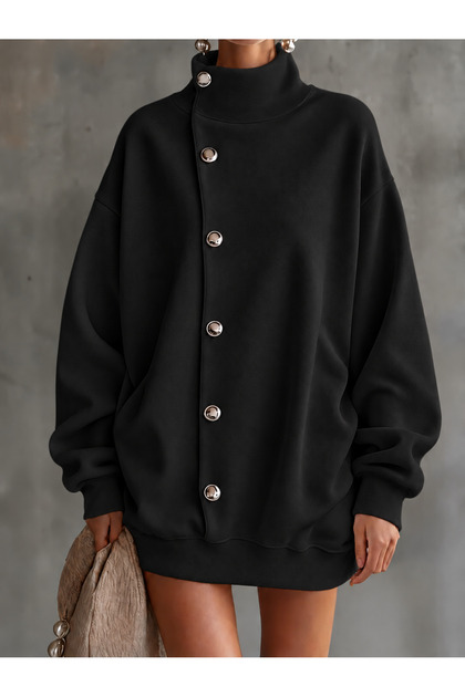 Women's Black Fleece Inside Oversize High Collar Buttoned Long Sweatshirt Tunic