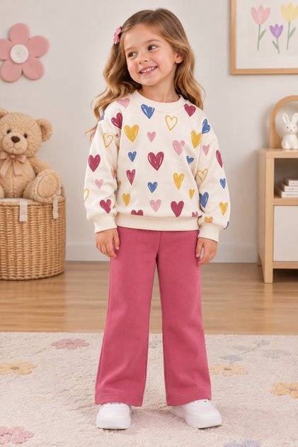 Girl's Three-Threaded Colorful Heart Patterned Sweatshirt and Sweatpants 2-Piece Set