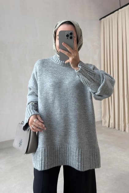 Crew Neck Oversize Knitwear Sweater - Gray