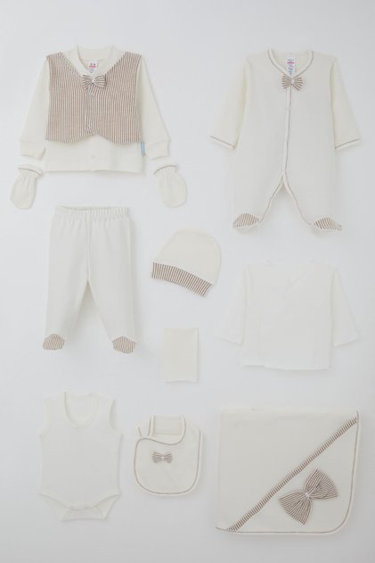 Baby Boy Hospital Release Set, 10-Piece Fixed Vest with Bow Accessory, 0-3 Months, Ecru