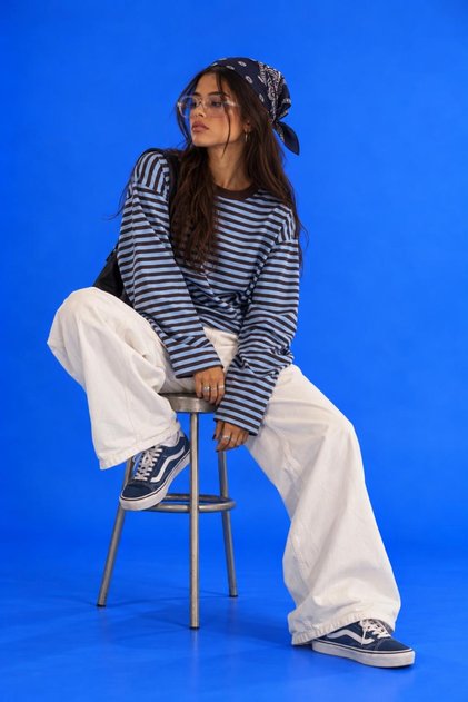 Women's Baby Blue Brown Striped Crew Neck Oversize Longsleeve Sweatshirt