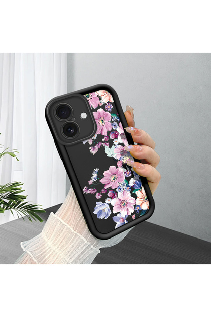 iPhone 16 Plus Compatible Black Silicone Camera Protected Shock Absorbing Protective Case with Floral Pattern