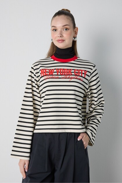 Women's Black Crop Wide Sleeve Oversize Printed Striped Sweatshirt 32078