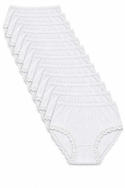 Women's 12-Pack Ecru Bato Panties, High Waist Ribbed Lace Detailed Cotton Bato Panties
