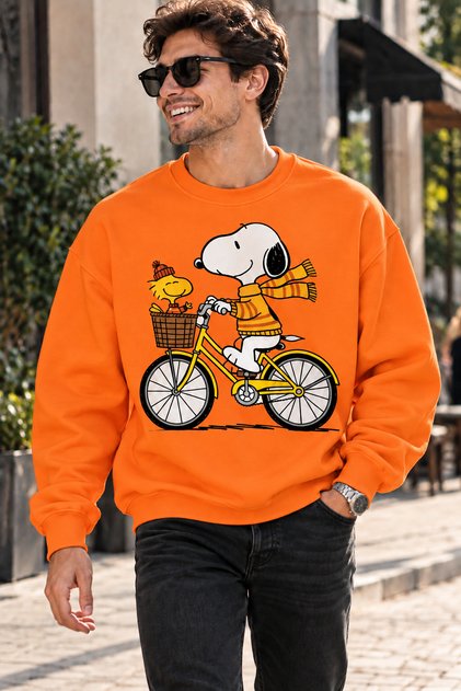 Snoopy and Woodstock on Bicycle Printed Unisex Oversize Sweatshirt – Crew Neck Casual Sweatshirt