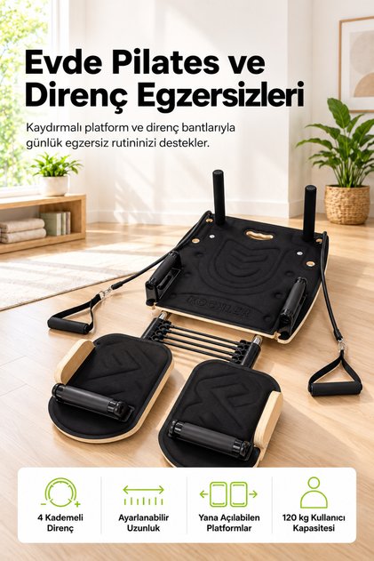 Çok Fonksiyonlu Pilates Aleti – Kaydırmalı Platformlu, Direnç Bantlı Ev Tipi Egzersiz Sistemi