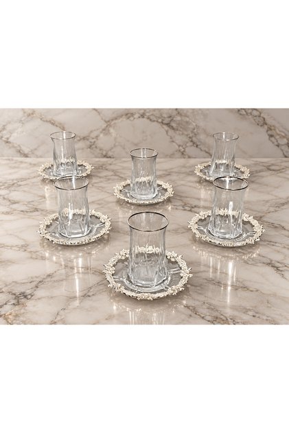 Zoe Real Silver & Flower Casting Frame Glass Tea Set 12 Pieces - 6 Plates 6 Cups
