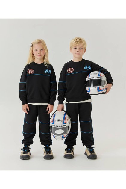 Boys' Black Blue Stripe Detailed Racing Printed Oversize Sweatshirt and Jogger Tracksuit Set