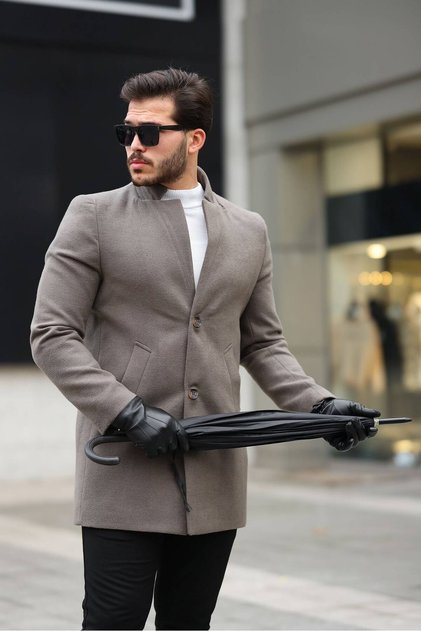 Men's Khaki Cashmere Coat Slim Fit Stand Collar Winter Coat Overcoat