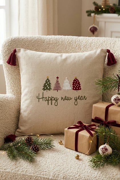 Christmas Tree Patterned Punch Embroidered Throw Pillow Cover Cotton 42X42 cm