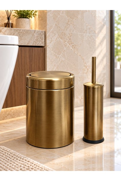 Antik Gold Bathroom Set Trash Can and Toilet Brush Luxury Bathroom Accessory Set