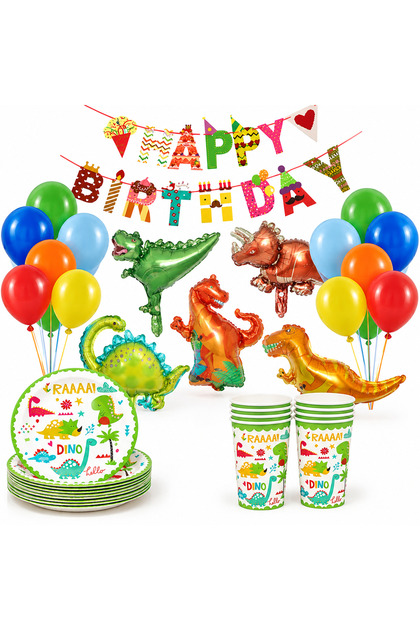 Set Petrecere Dinozauri pentru Copii, 5 Baloane din Folie Dinozaur, 12 Baloane Latex Colorate, Banner Happy Birthday, 10 Farfurii și 10 Pahare
