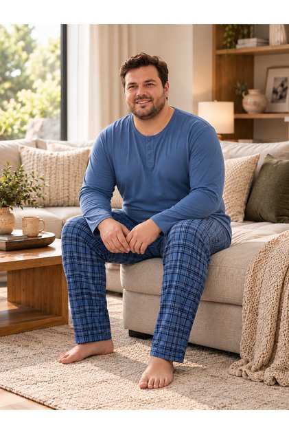 Interlock Fabric Collar Buttoned Long Sleeve Plus Size Men's Pajama Set 8589