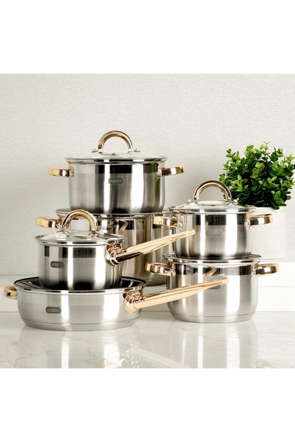12 Piece Stainless Steel Cookware Set With Gold Handles