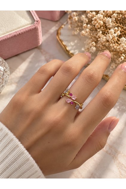 Gold Color Pink Purple Stone Flower Figured Elegant Women's Ring