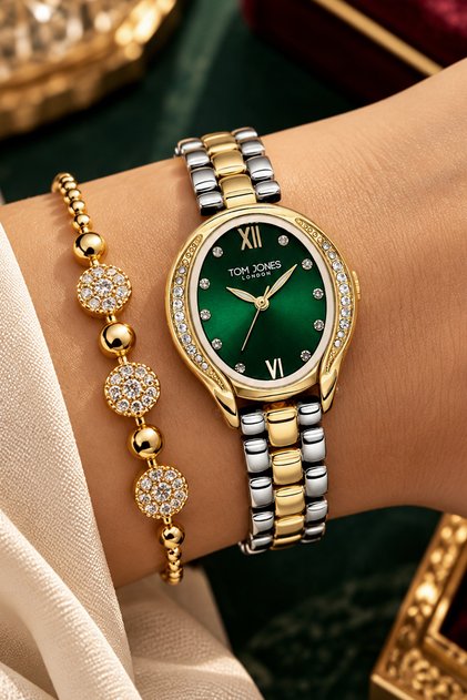 Oval Case Gold Silver Green Women's Wristwatch - 3 Atm Water Resistant Steel Band Japanese Movement Gift Special Boxed Tjb2018C1