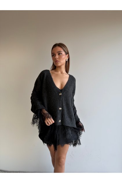 Soft Textured V-Neck Cardigan with Lace Skirt and Sleeves