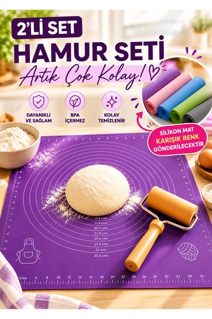 Silicone Dough Rolling Mat with Scale, Dough Rolling Pad and Wooden Handle Roller, Dough Roller, Rolling Pin