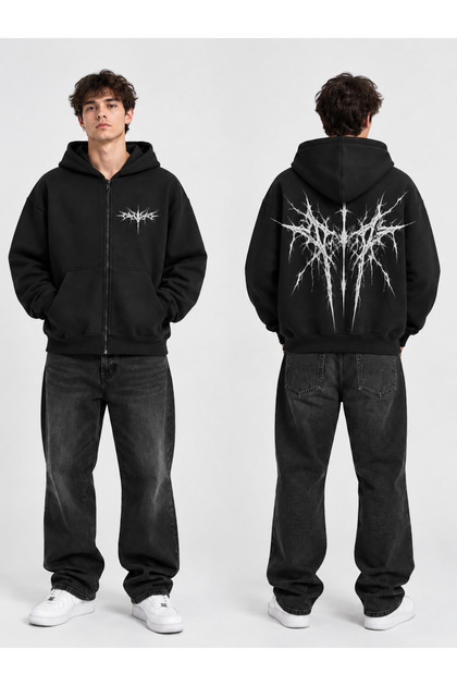 Unisex Gothic Tribal Printed Zipper Hooded Oversize Sweatshirt Black Streetwear Hoodie