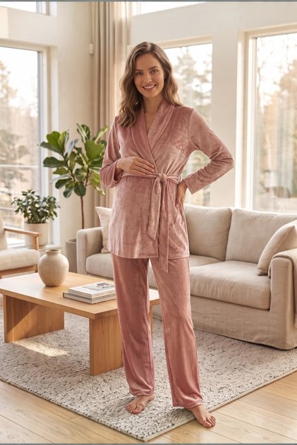Viola Velvet Long Sleeve Belted Adjustable Waist Maternity and Postpartum Pajama Set