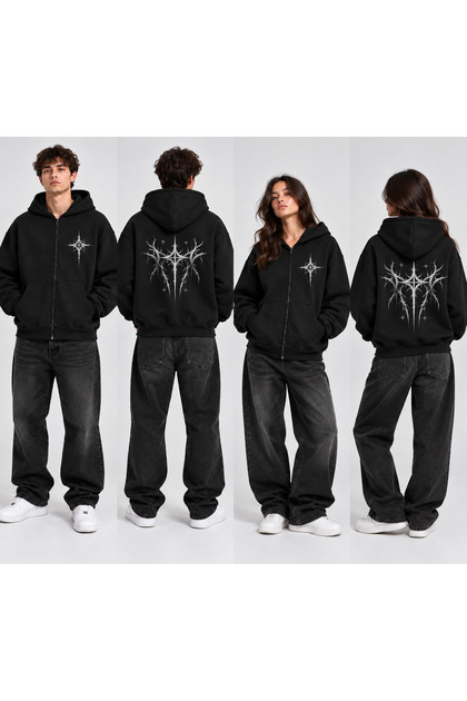 Unisex Dark Gothic Star Pattern Oversize Zipper Hoodie