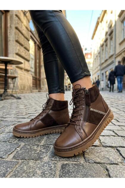 Brown Leather Zippered Elastic Women's Casual Boots