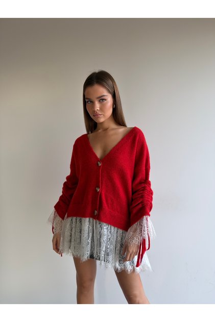 Soft Textured V-Neck Cardigan with Lace Skirt and Sleeves