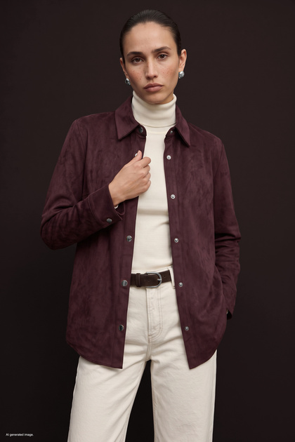 Snap Detailed Suede Shirt - Burgundy